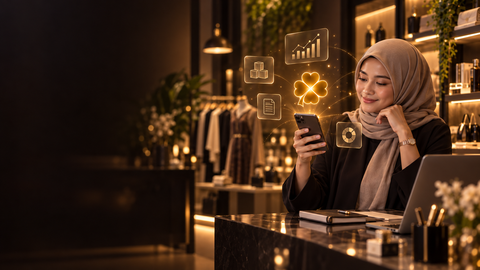 Pemilik bisnis melihat insight Indah di tokonya